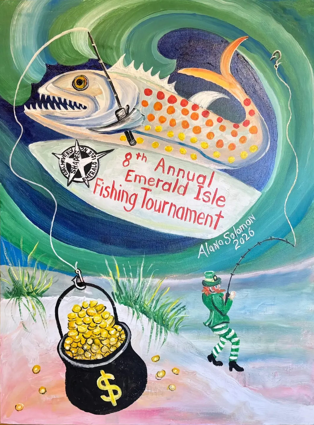 Illustration for the 2026 Emerald Isle Fishing Tournament featuring an artistic rendition of a colorful fish, large pot of gold and fishing leprechaun.